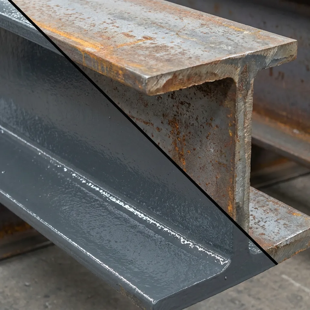 Steel structural beam showing corrosion damage on one side against a clean protected surface on the other