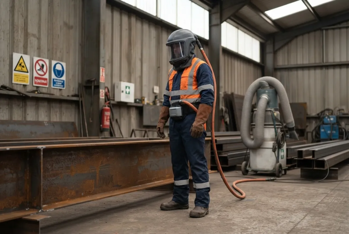 An operative in full respiratory protective equipment works beside rusty steel beams inside a fabrication workshop.