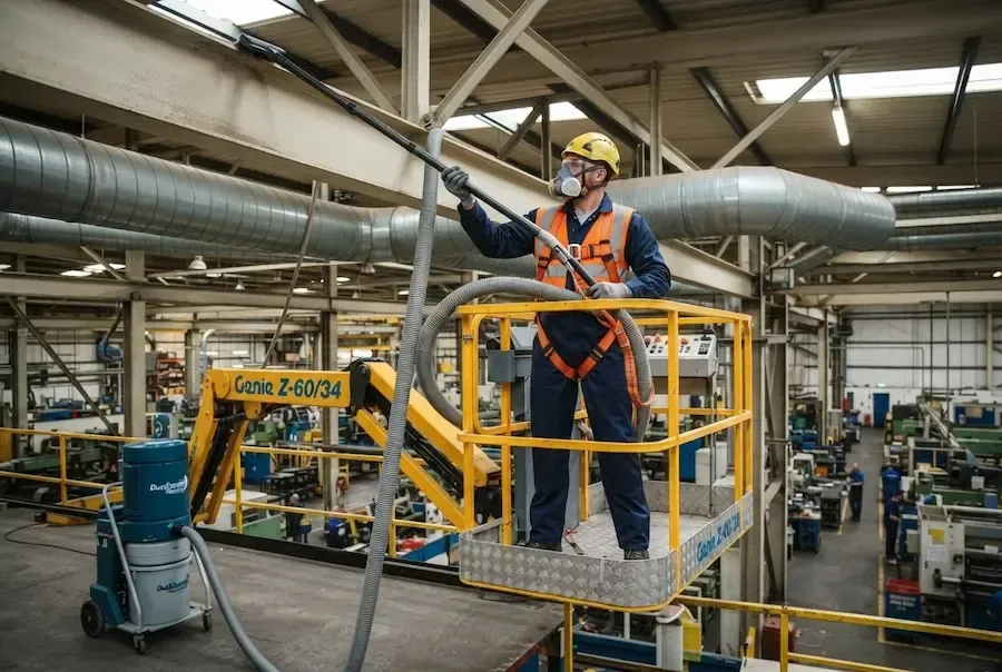 Technician on elevated access platform carrying out high-level cleaning of industrial pipework
