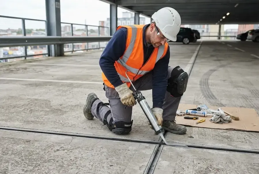 ACS operative applying specialist joint sealant to a car park deck floor as part of industrial concrete repair works