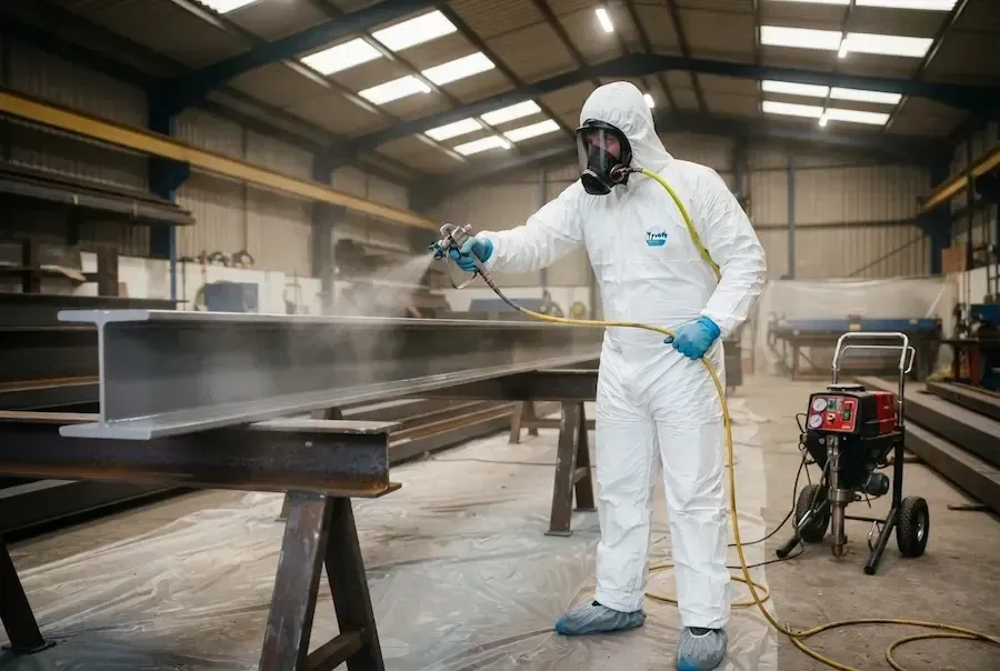 Operative in protective coveralls and respirator applying industrial coating to a steel surface