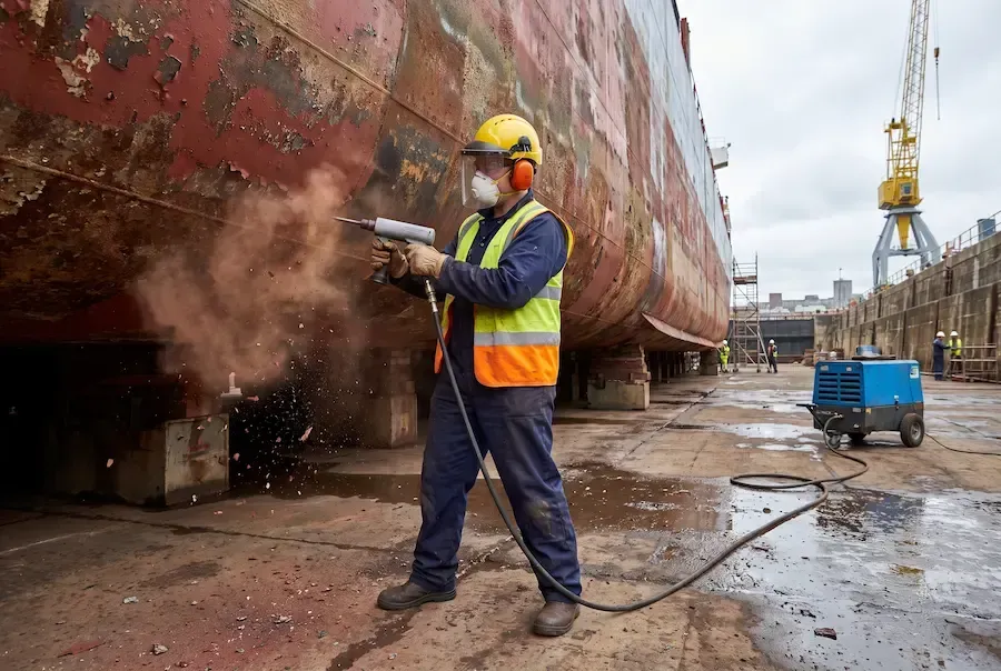 Operative in hi-vis PPE carrying out maintenance cleaning at a marine and offshore facility