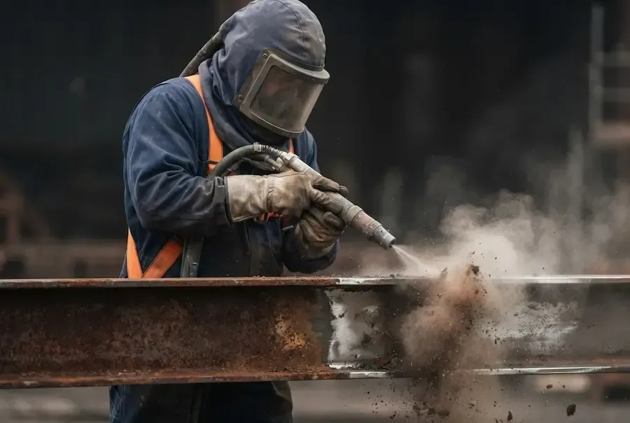 Operative performing industrial shot blasting on rusted steel structure