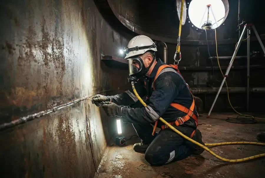 Operative in full white protective coveralls and respirator working inside a confined industrial vessel