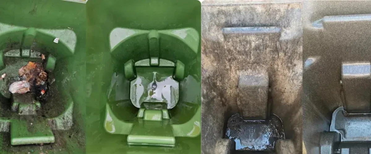 A four-panel image displaying the interior of three trash cans, comparing a dirty can to one with water, and another dirty one to a lighter, cleaner one.
