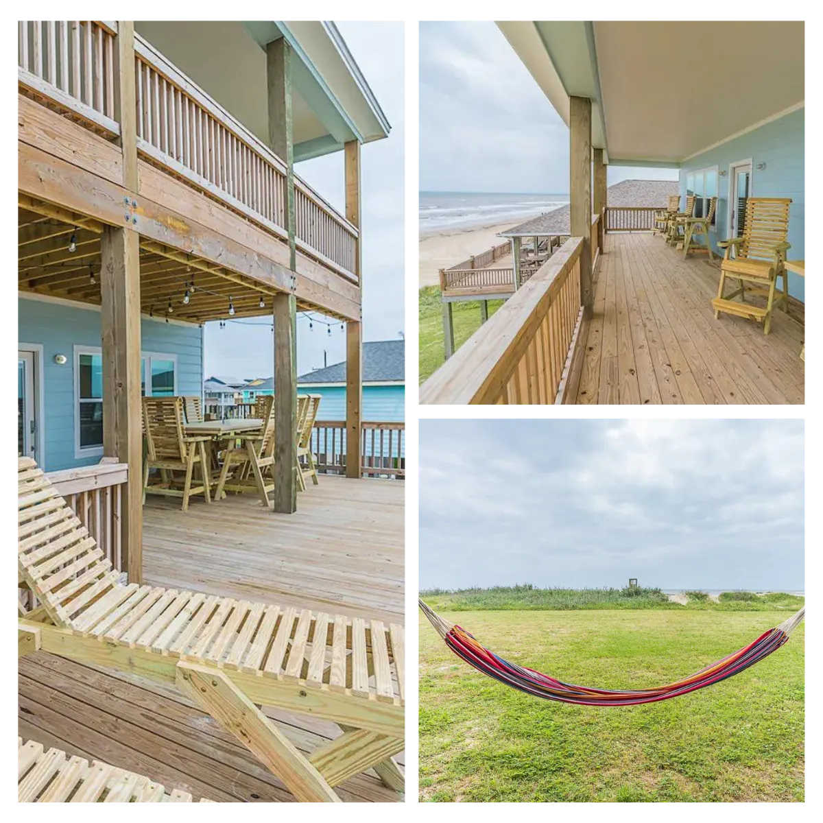 At Redfish Retreat, step out to the beach, relax on decks with ocean views, enjoy outdoor fun with amenities like hammocks and games, and unwind at the tiki bar with tropical vibes.