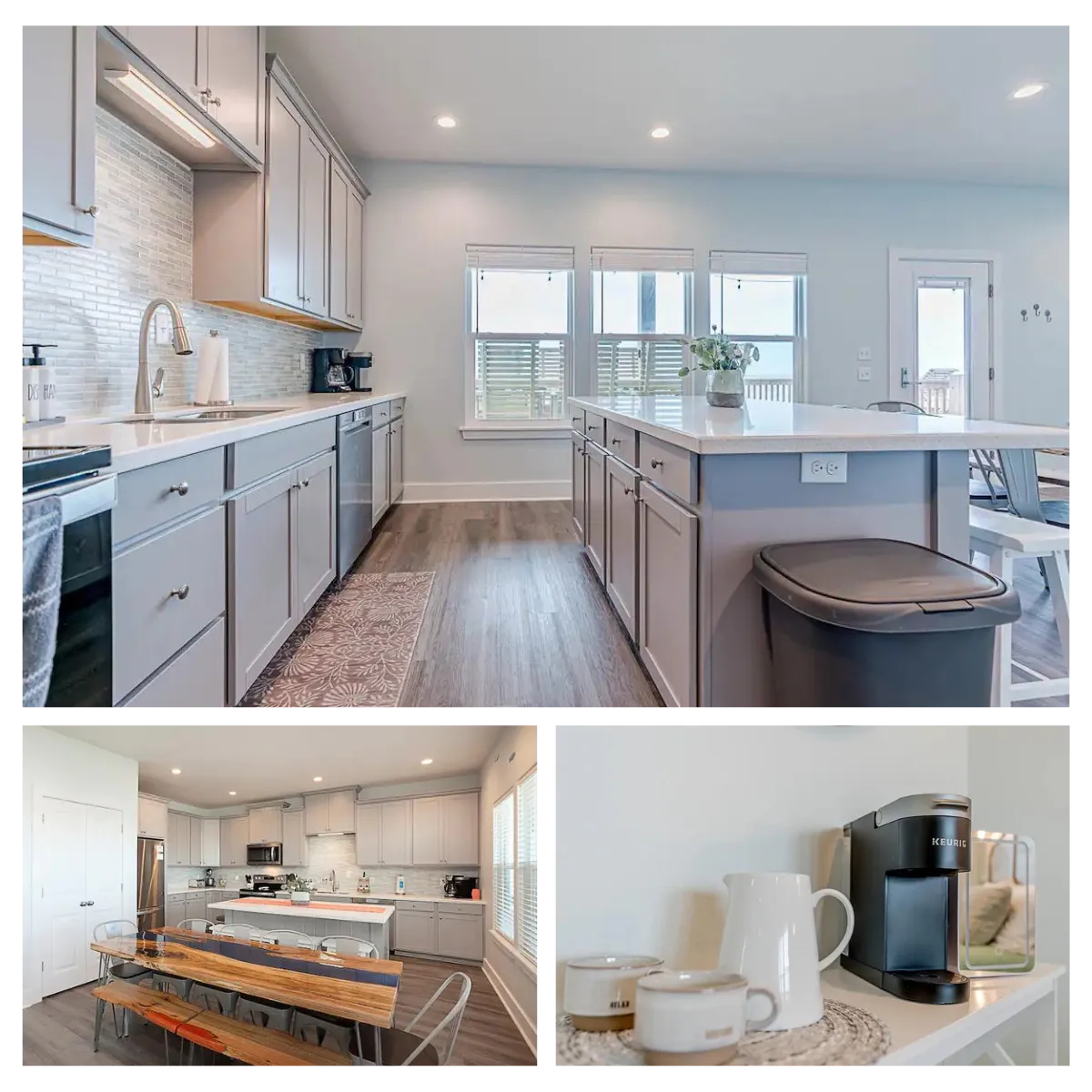 At Redfish Retreat, you'll find a kitchen packed with modern appliances like a double waffle maker and blender. The spacious dining area has plenty of seating, perfect for hosting family meals or entertaining guests with style.