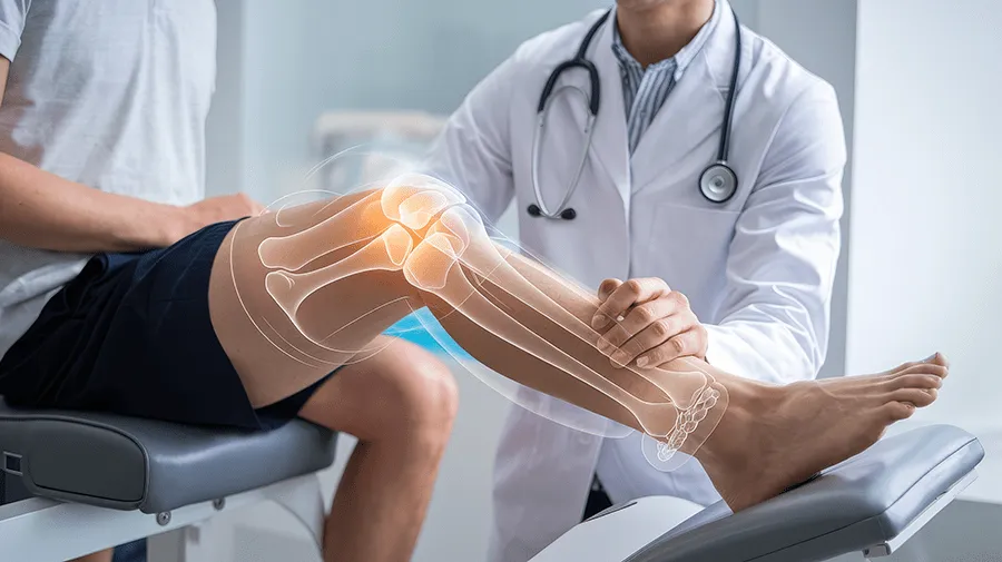 Doctor examining a patient's knee joint, with a digital illustration highlighting the area of pain or injury, in a medical clinic setting.