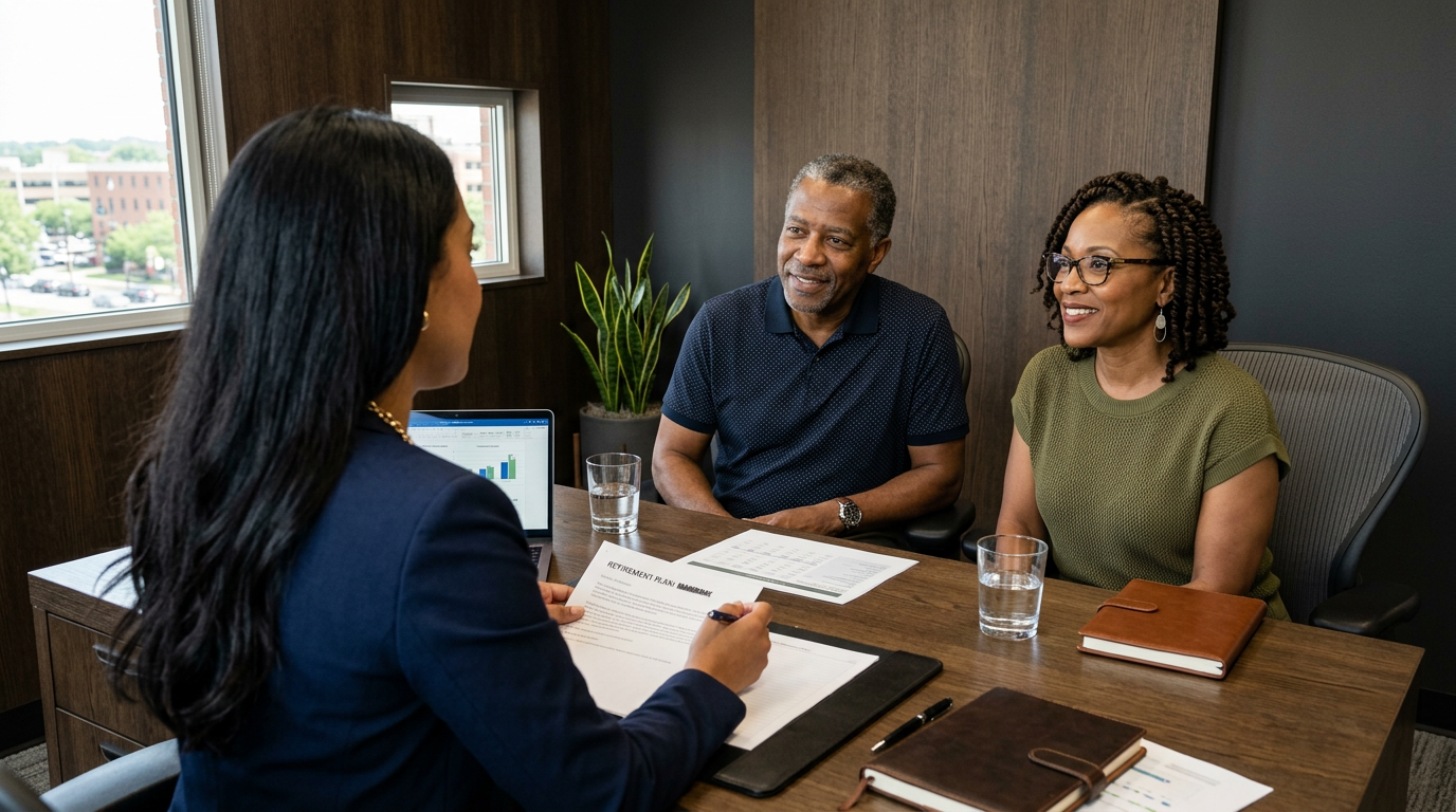 Financial advisor helping a couple with retirement and financial planning