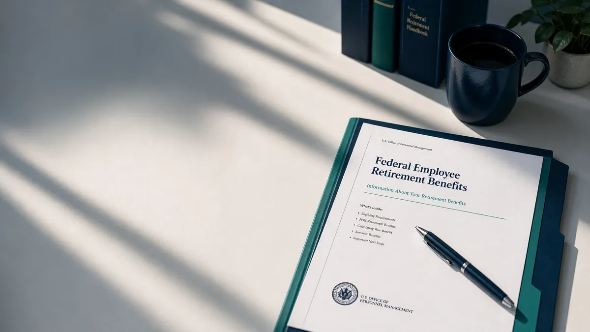 Federal retirement planning workspace featuring a FERS retirement benefits guide, retirement handbook, and documents for federal employees.