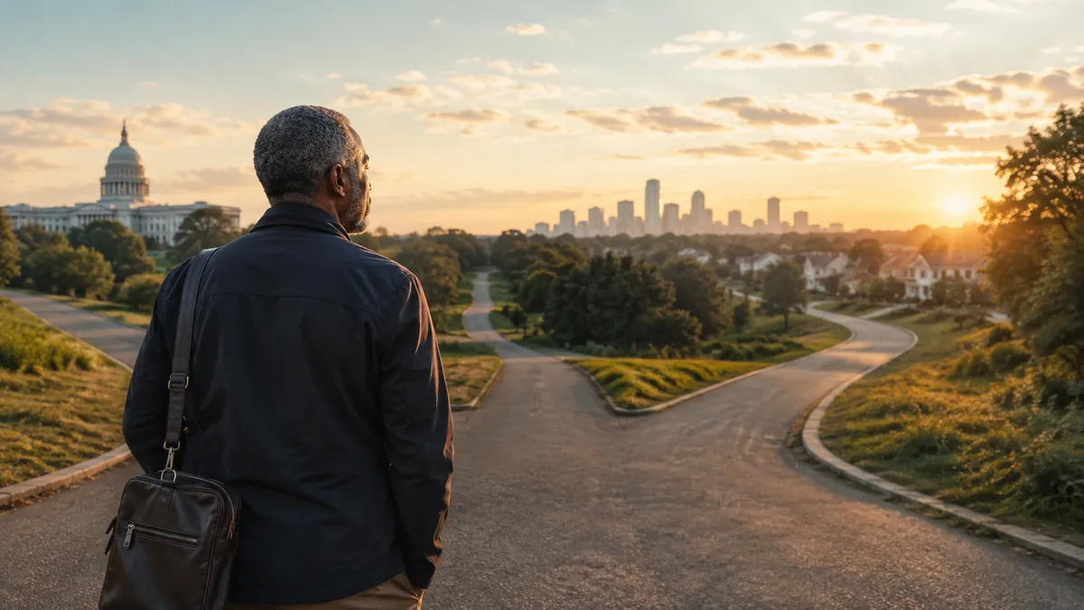 Black federal employee standing at a crossroads after leaving federal service