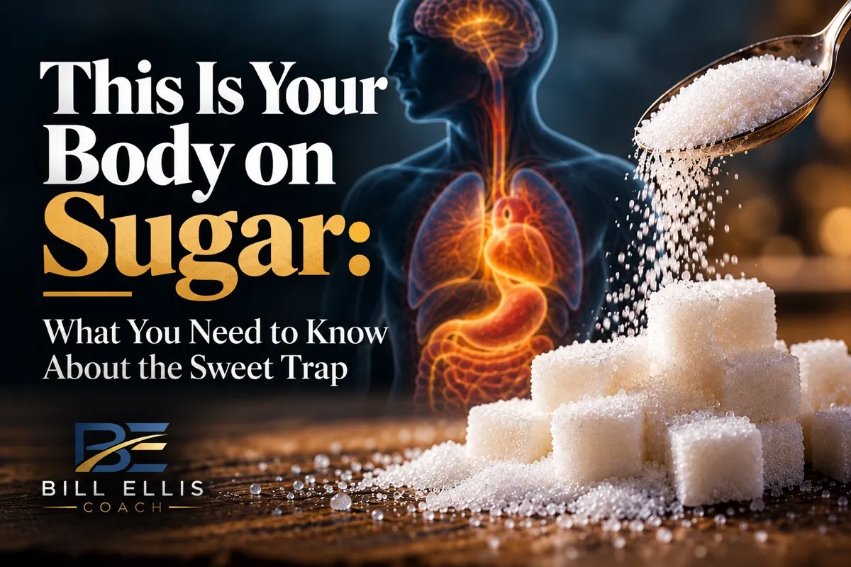 Glowing human anatomy beside sugar cubes and a spoon pouring sugar, illustrating how sugar affects the body