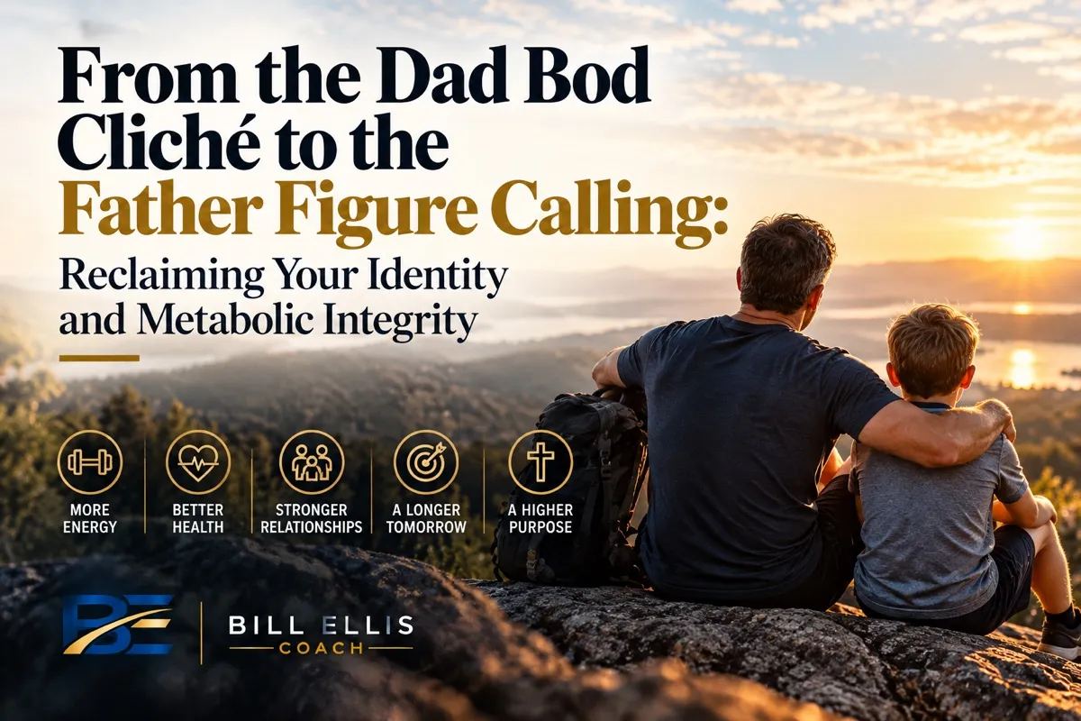 A father with his arm around his son as they look out over a valley at sunset, beside icons for more energy, better health, stronger relationships, a longer tomorrow and a higher purpose