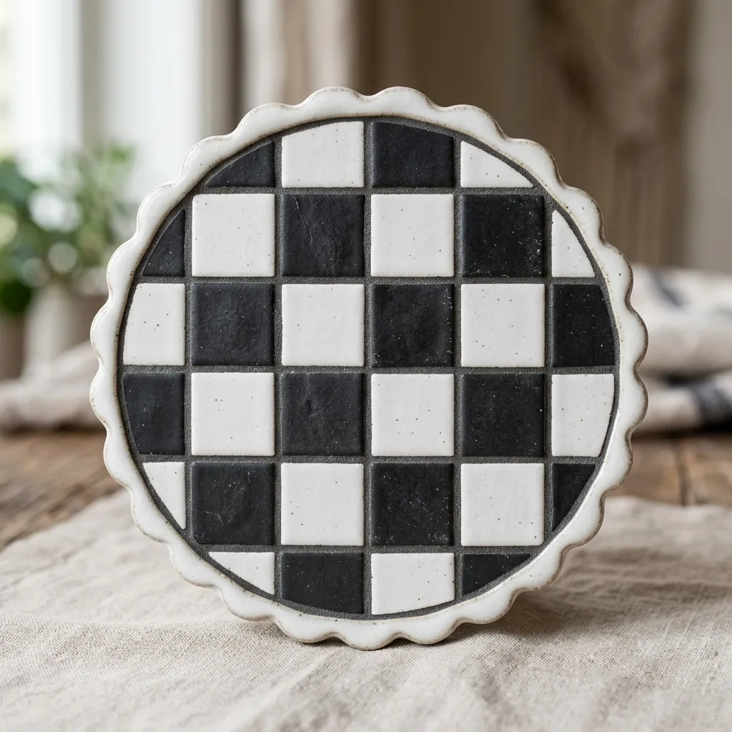 Circular scalloped inset showing a checkerboard pattern of black and white floor tiles