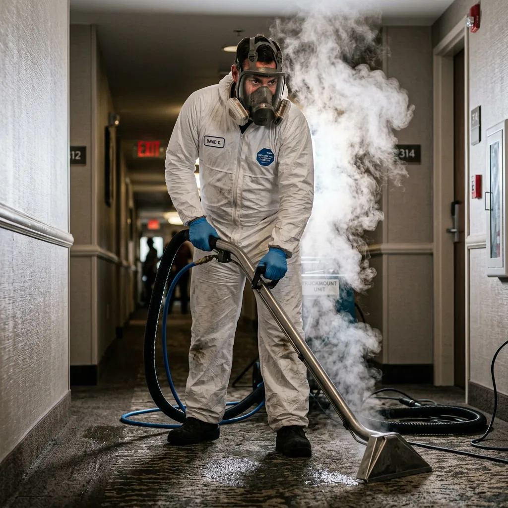 Tall portrait photo of a technician in a full white protective suit and mask steam cleaning a carpeted floor, emitting visible steam.