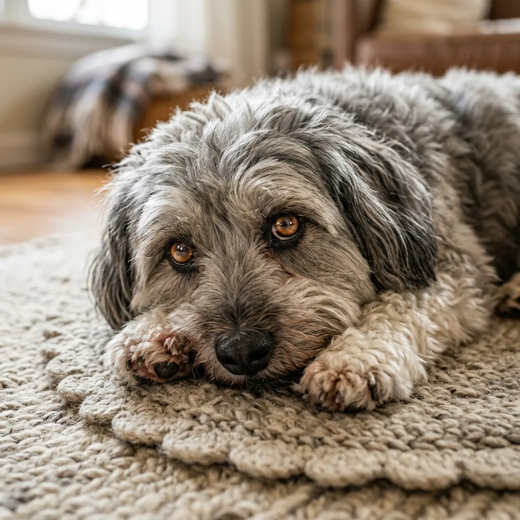Circular scalloped inset showing a fluffy grey dog lying on a rug