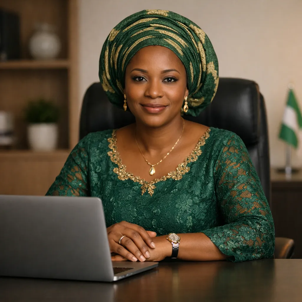 Nigerian SME owner seated confidently at a clean desk using a laptop to manage business finances digitally.
