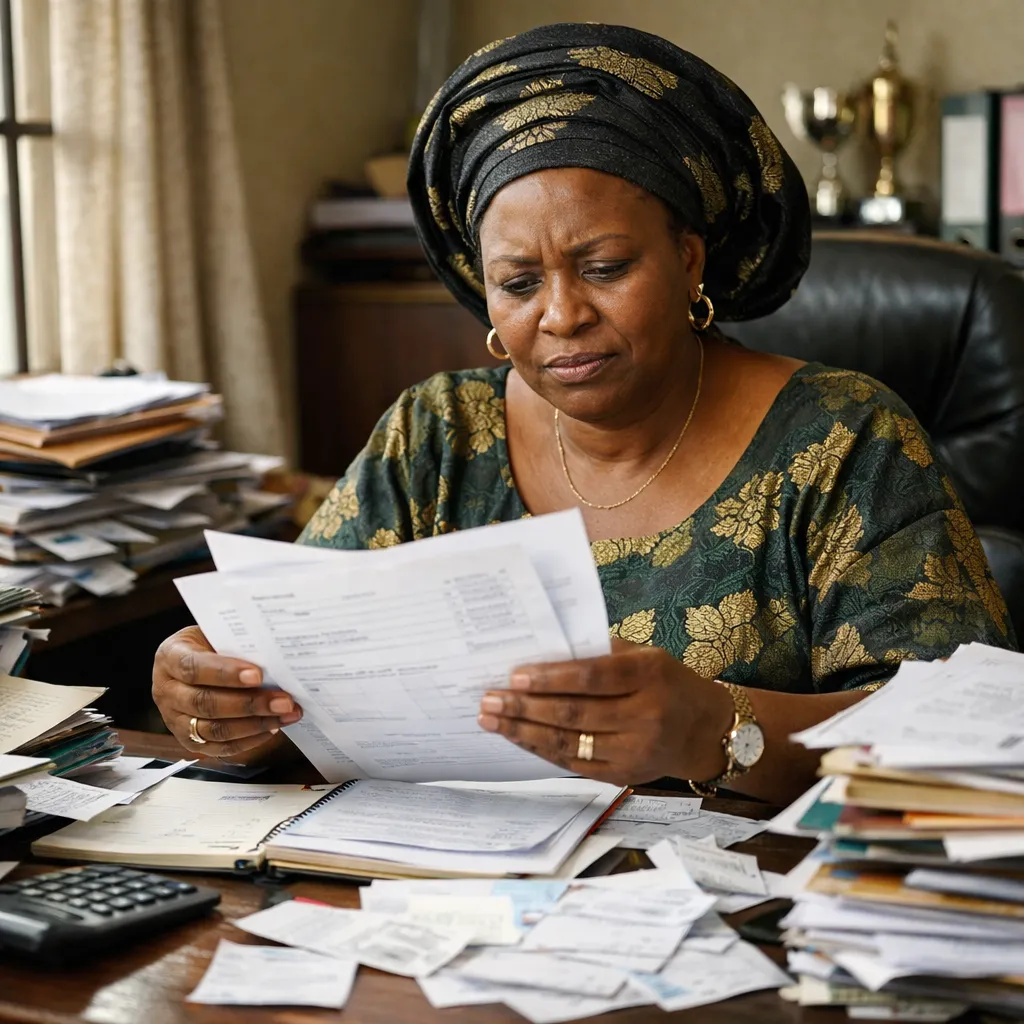 Nigerian SME owner seated at a cluttered office desk with scattered invoices, receipts and files, looking overwhelmed by manual bookkeeping.
