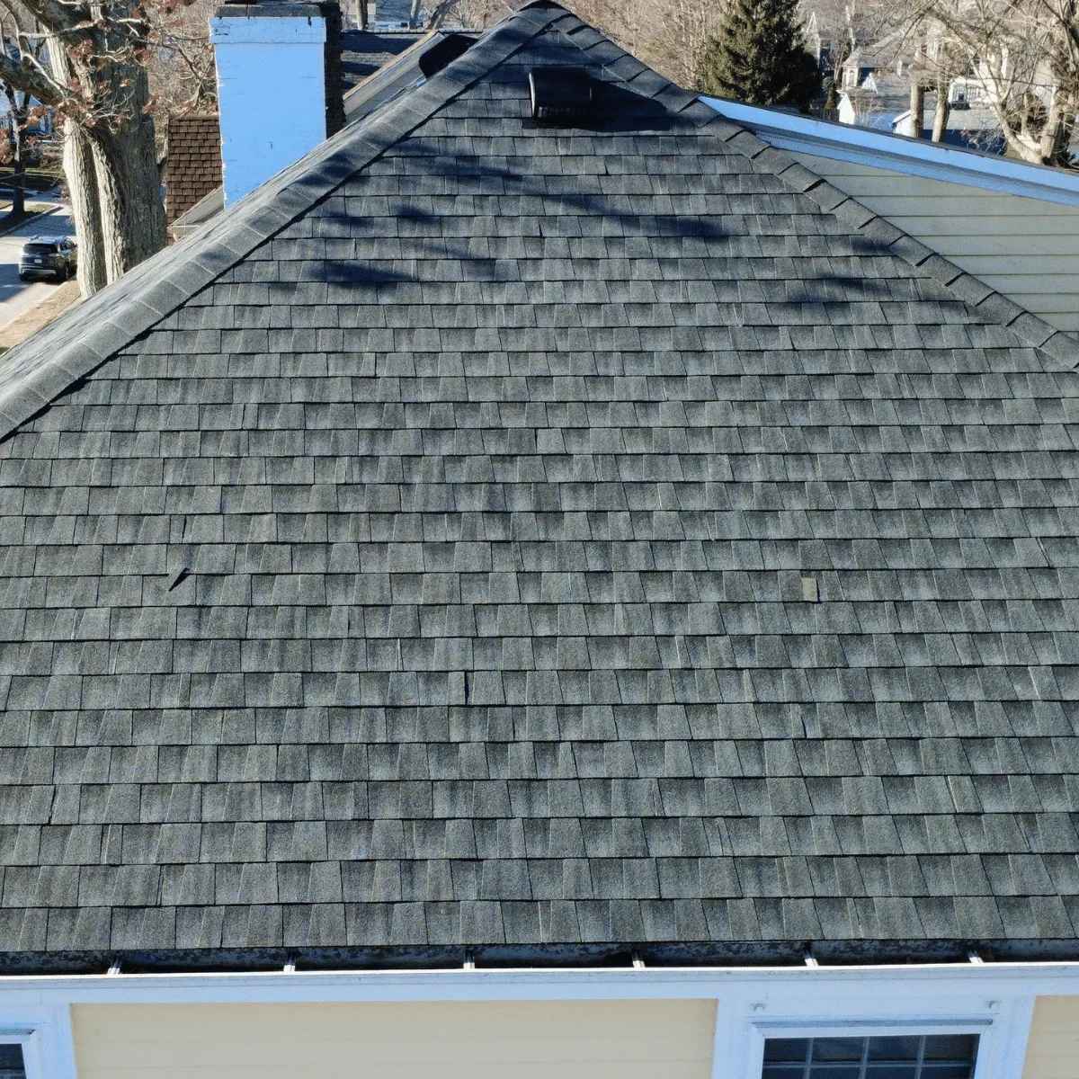 Asphalt shingle roof inspection view in Wakefield MA residential home