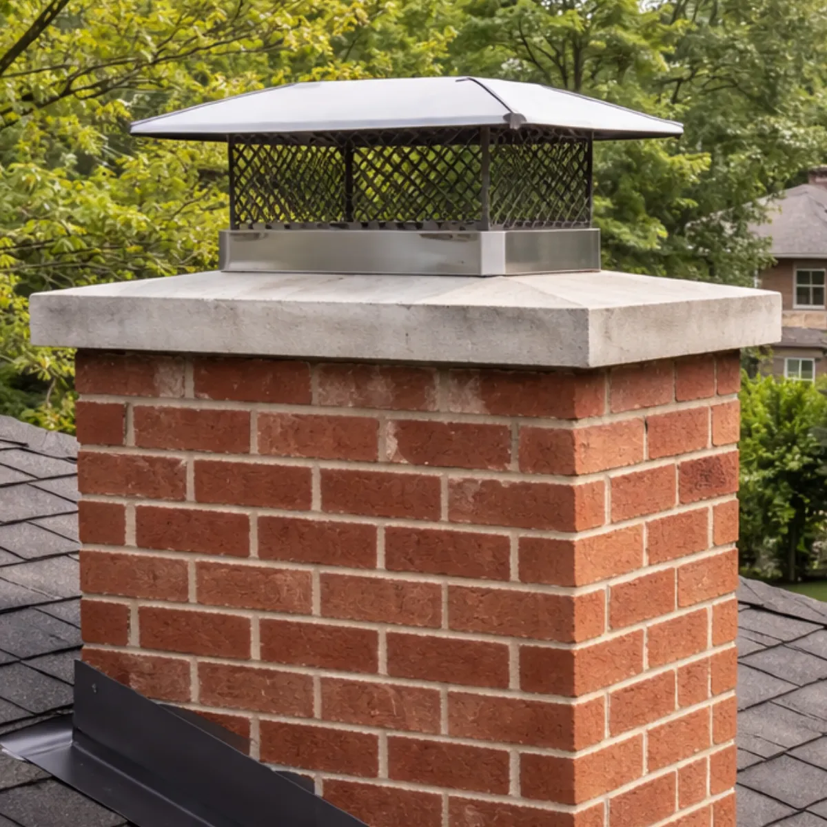 Chimney cap installed on brick chimney to prevent water and debris entry
