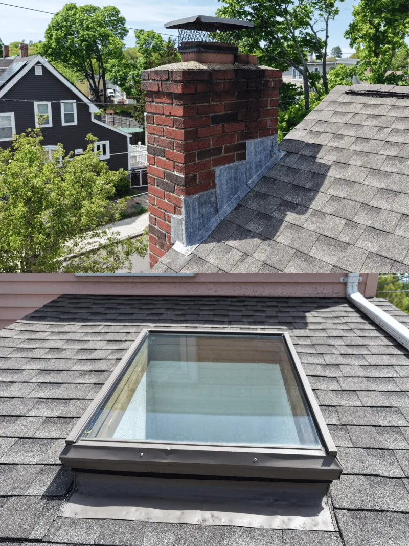 Roof replacement work in progress on historic brick home in Malden MA