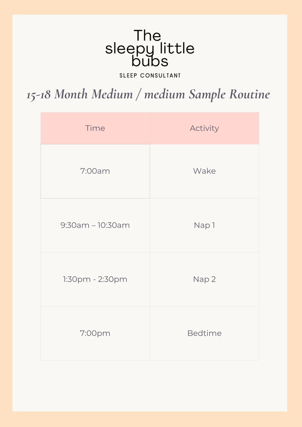 Sample 15–18 month sleep schedule showing one nap routine