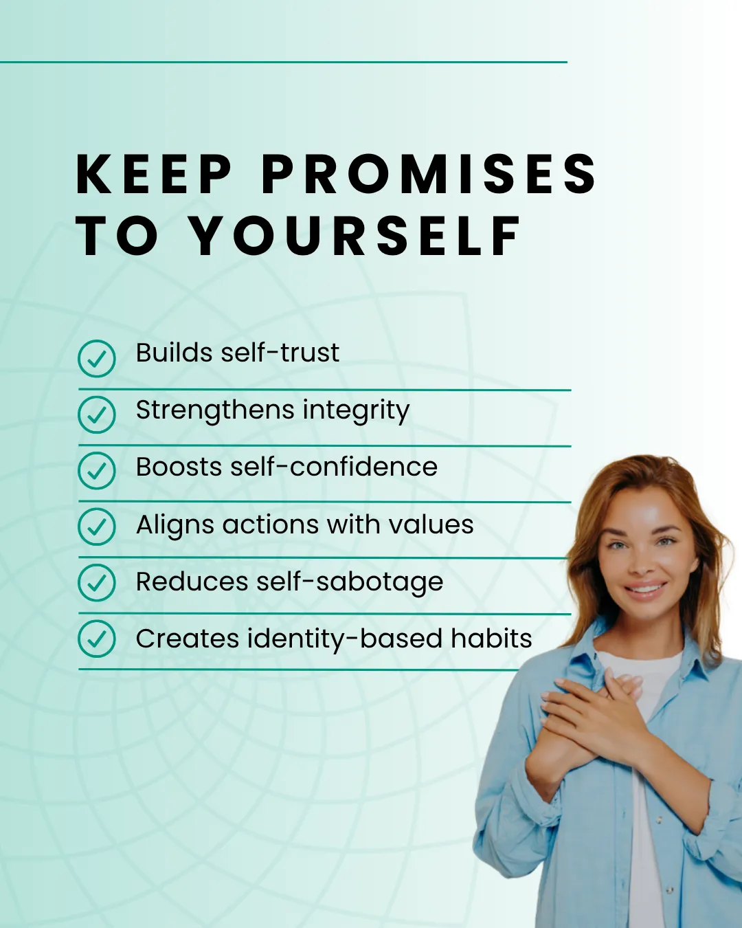 Woman holding hands to heart with text 'Keep Promises to Yourself'