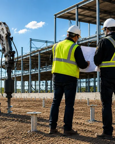High-contrast helical pile on construction site