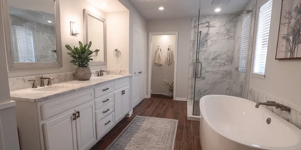 Bathroom renovation featuring double vanity, walk-in shower, and freestanding soaking tub
