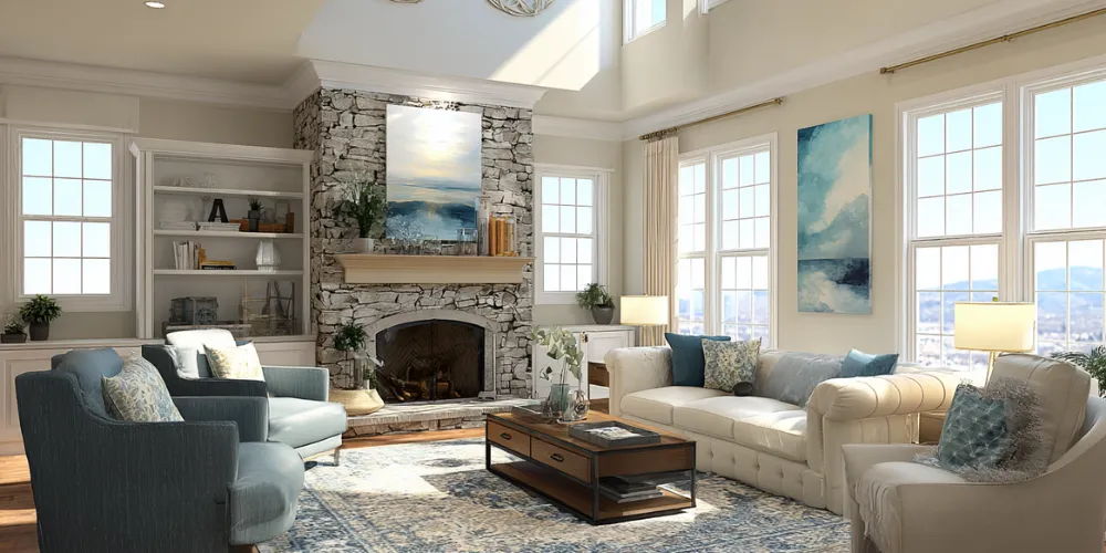 Living room interior remodel with updated windows, fireplace, and natural light