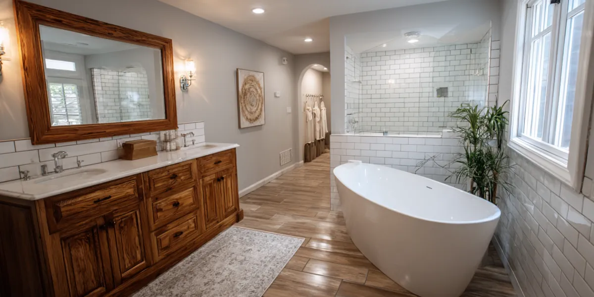 Modern bathroom remodel featuring new tile, lighting, walk-in shower, and updated vanity