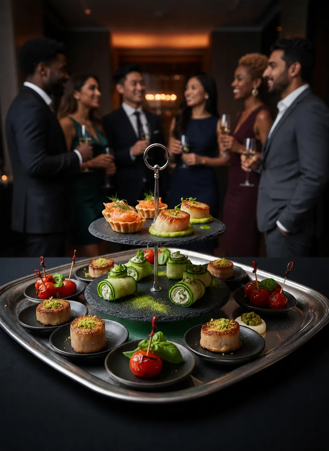 Premium corporate networking event with elegant food