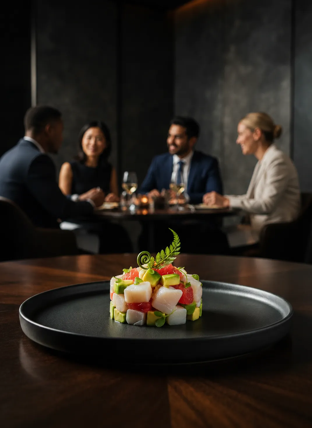 A sophisticated corporate culinary setting with elegant plating and cinematic lighting