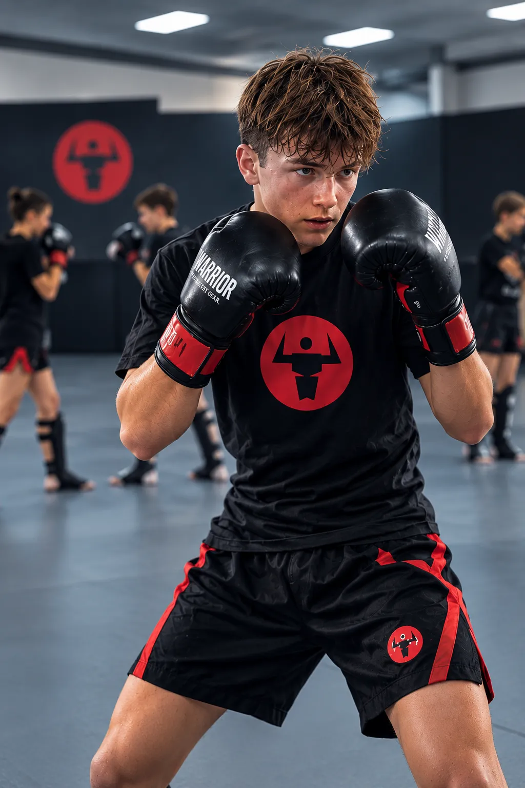 Ungdomar (12-16) som tränar kickboxning med handskar i en trygg och modern träningsmiljö