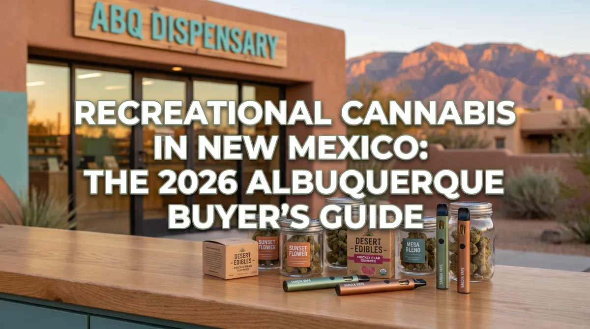 1UP Dispensary storefront in downtown Albuquerque on Historic Route 66 — Recreational Cannabis in New Mexico 2026 Buyer's Guide