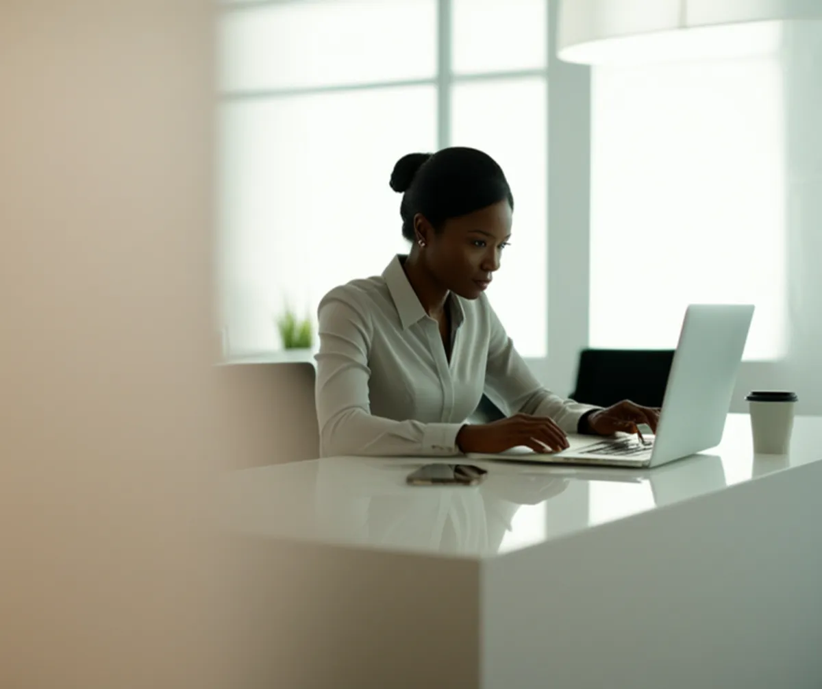A focused real estate agent reviewing work on a laptop at a bright modern office desk.