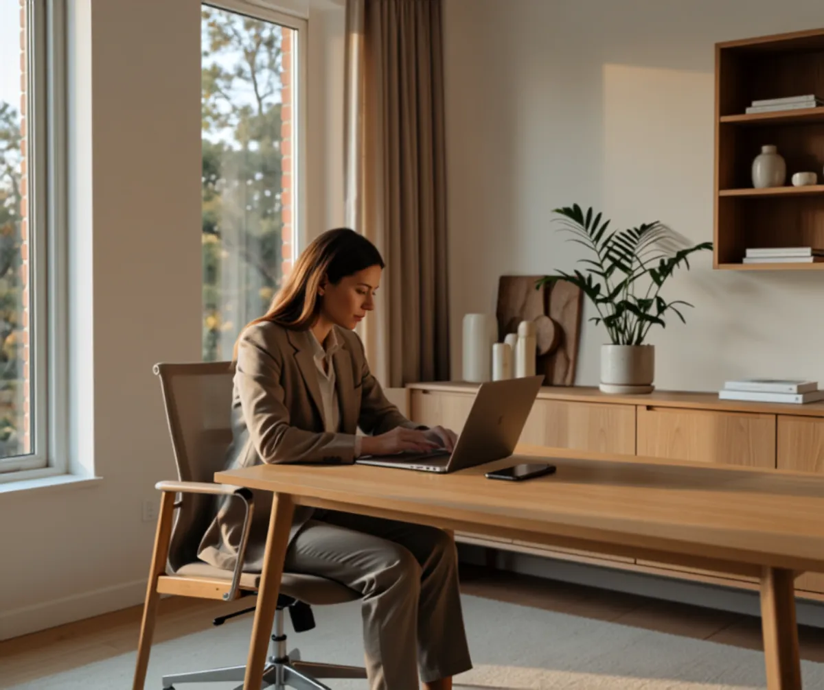 A real estate agent working on a laptop and phone in a bright modern home office.
