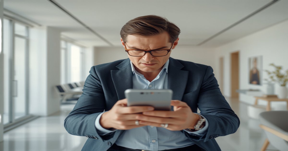 Real estate agent urgently checking smartphone in a modern office, representing speed-to-lead response in real estate