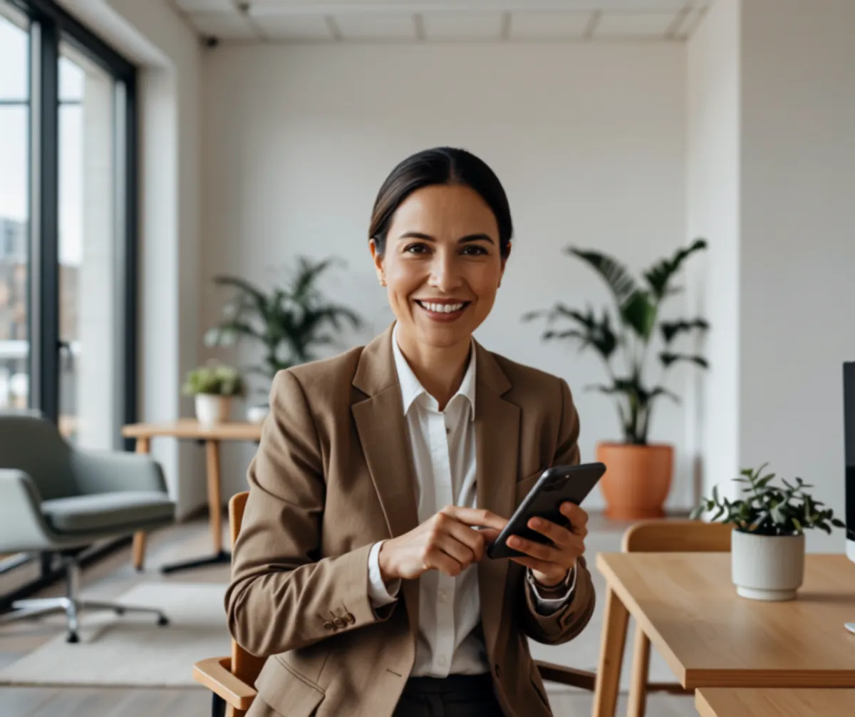 A friendly real estate agent smiling while holding a smartphone in a bright modern office.