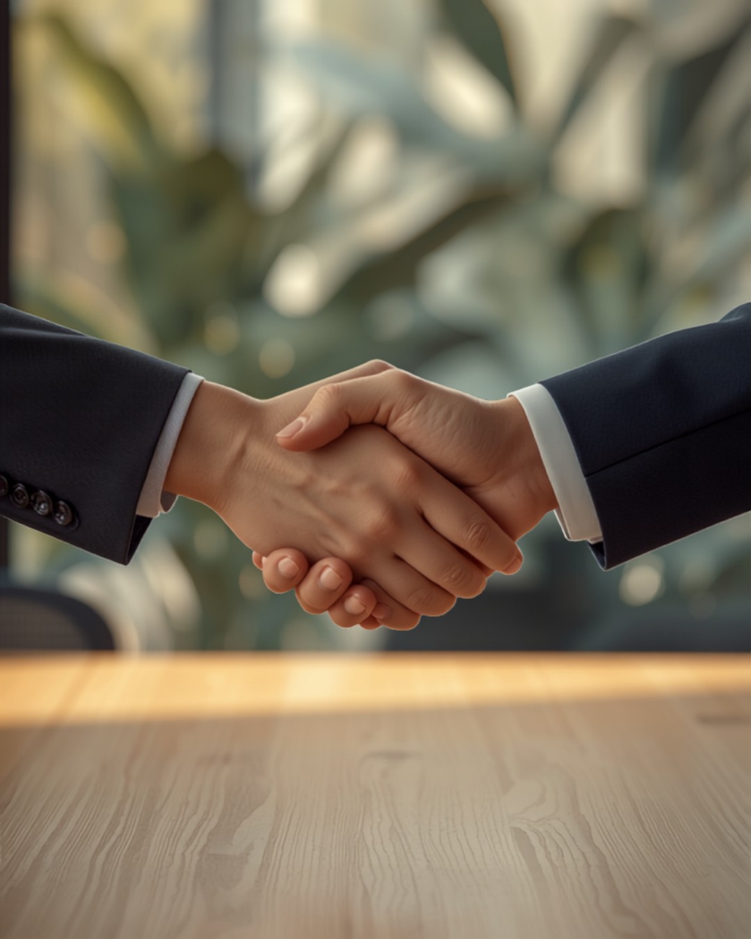Close-up of two people shaking hands across a desk in a bright modern office, showing hands and forearms only
