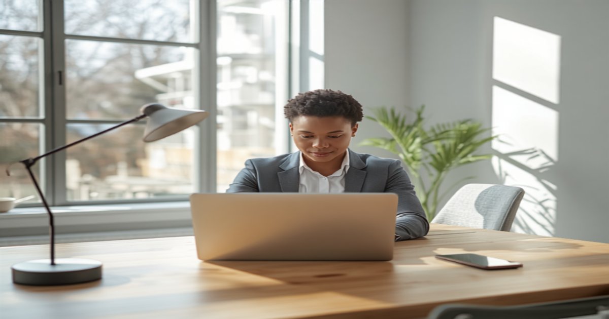 Real estate professional working on laptop in a bright modern home office representing coaching and AI automation strategy