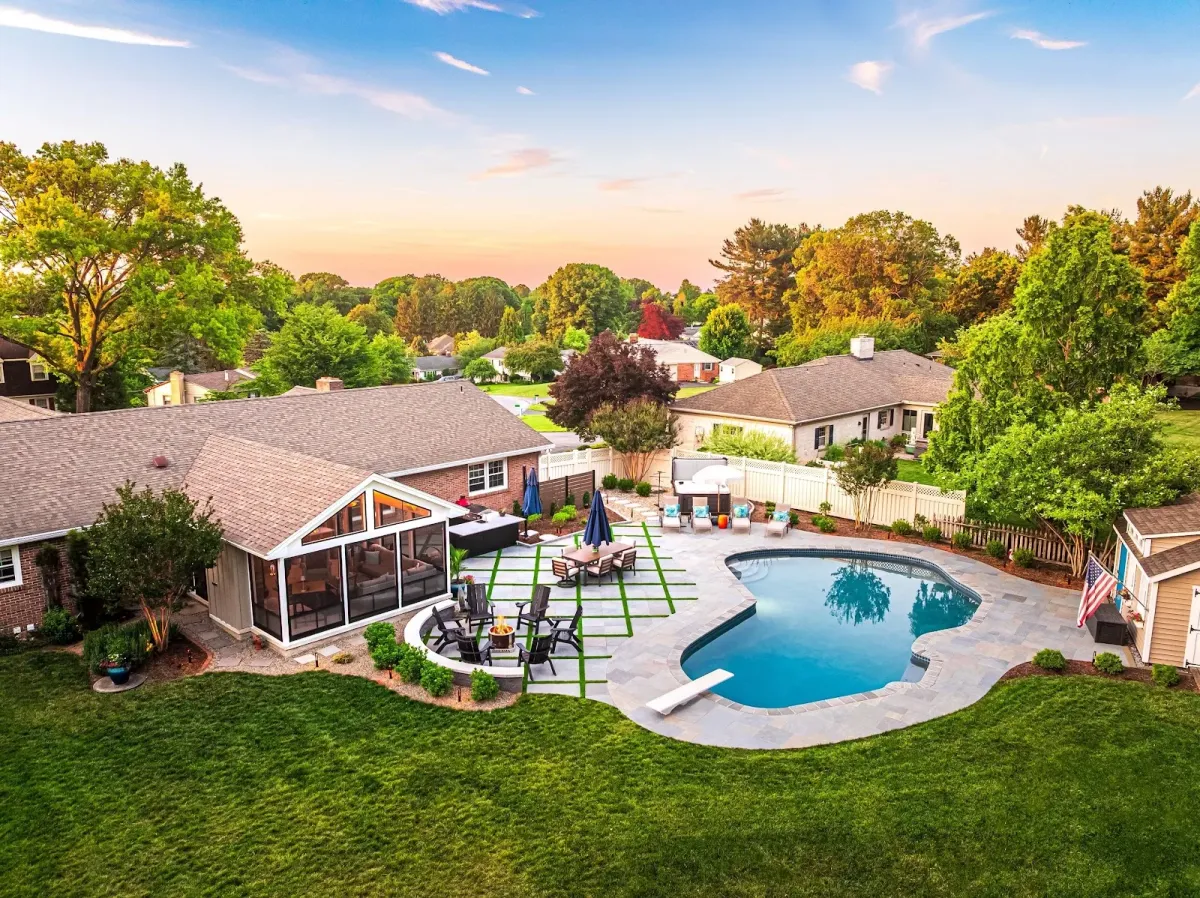 An aerial view of a custom pool and patio built by a landscaper in Bridgeport, PA.