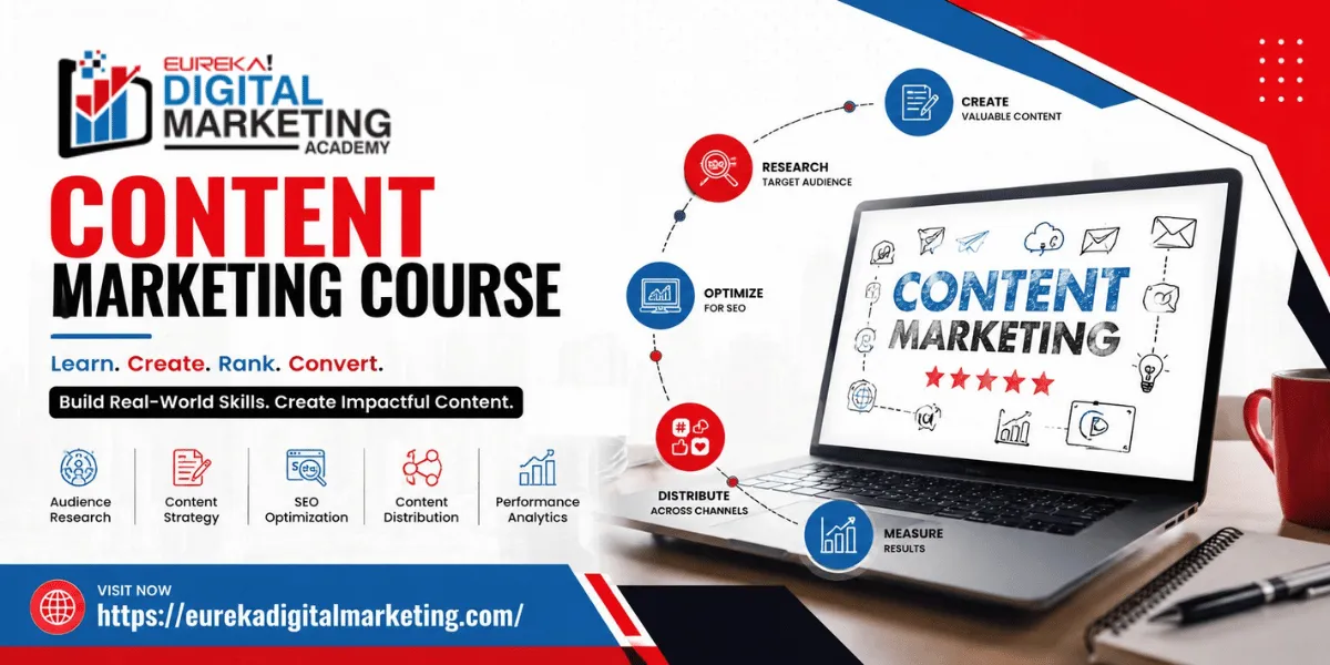 Content Marketing Course covering content strategy, SEO optimization, content creation, distribution, and performance analytics by Eureka Digital Marketing Academy.