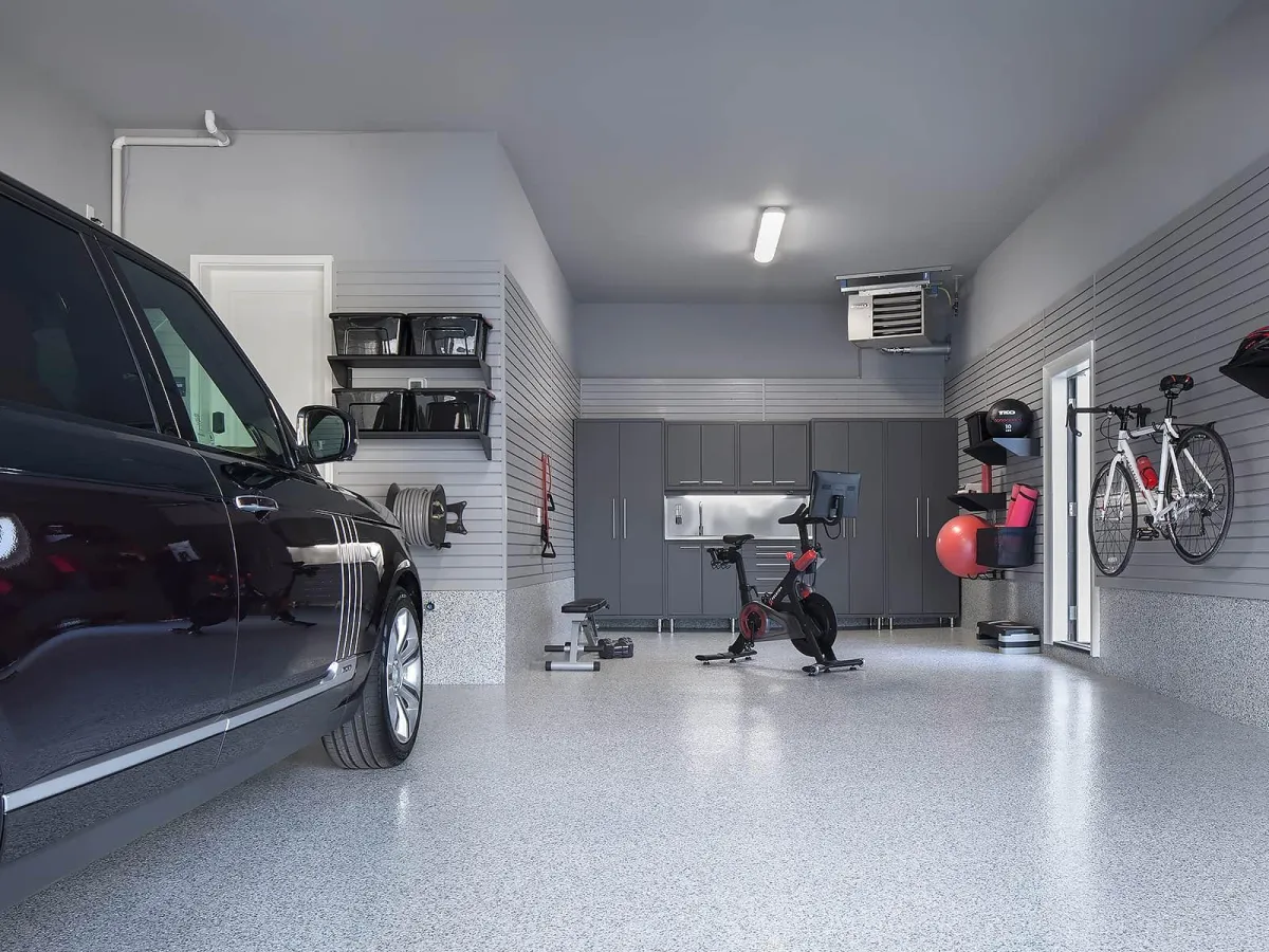 a newly renovated garage with cabinets