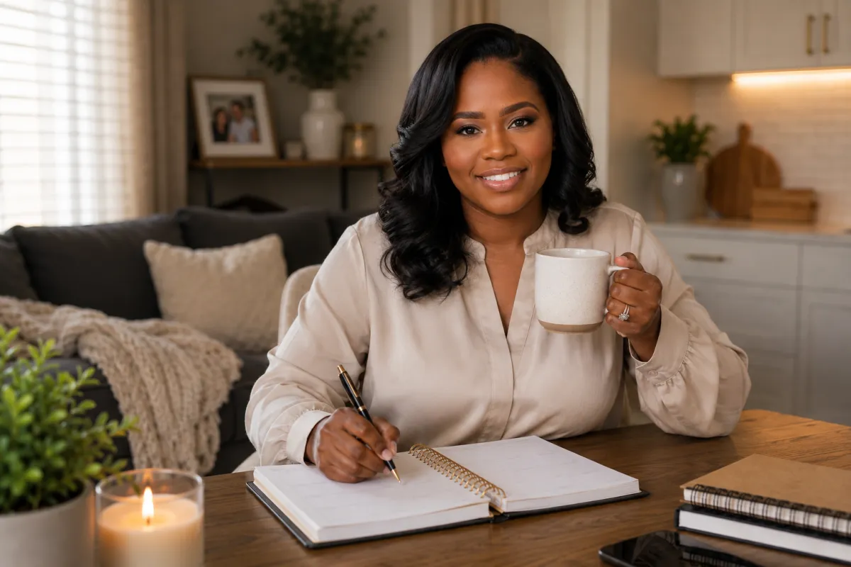Woman sitting at a table with a planner and coffee