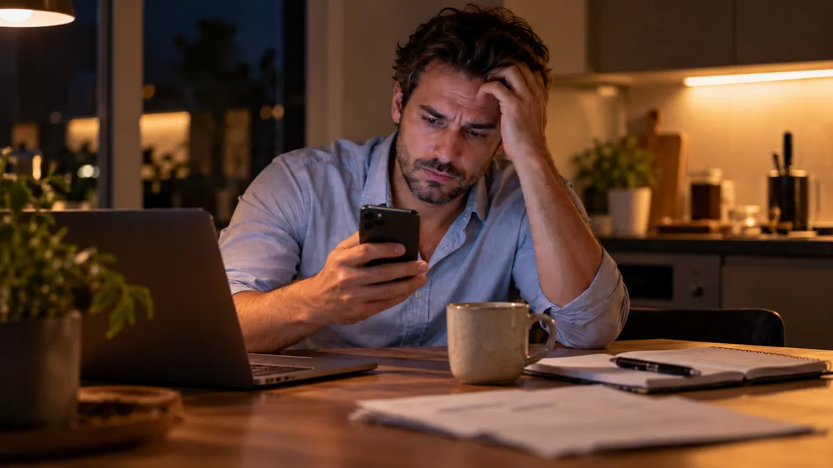 A business owner checking WhatsApp at the kitchen table, late at night