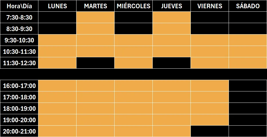tabla con horario de clases del centro