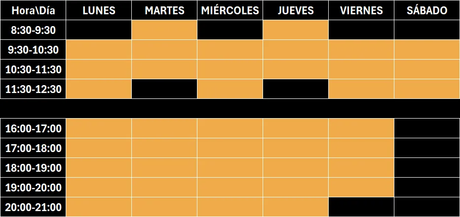 tabla con horario de clases del centro