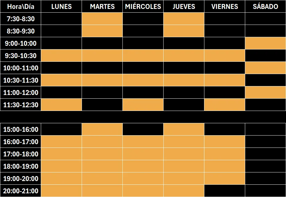 tabla con horario de clases del centro