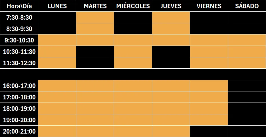 tabla con horario de clases del centro